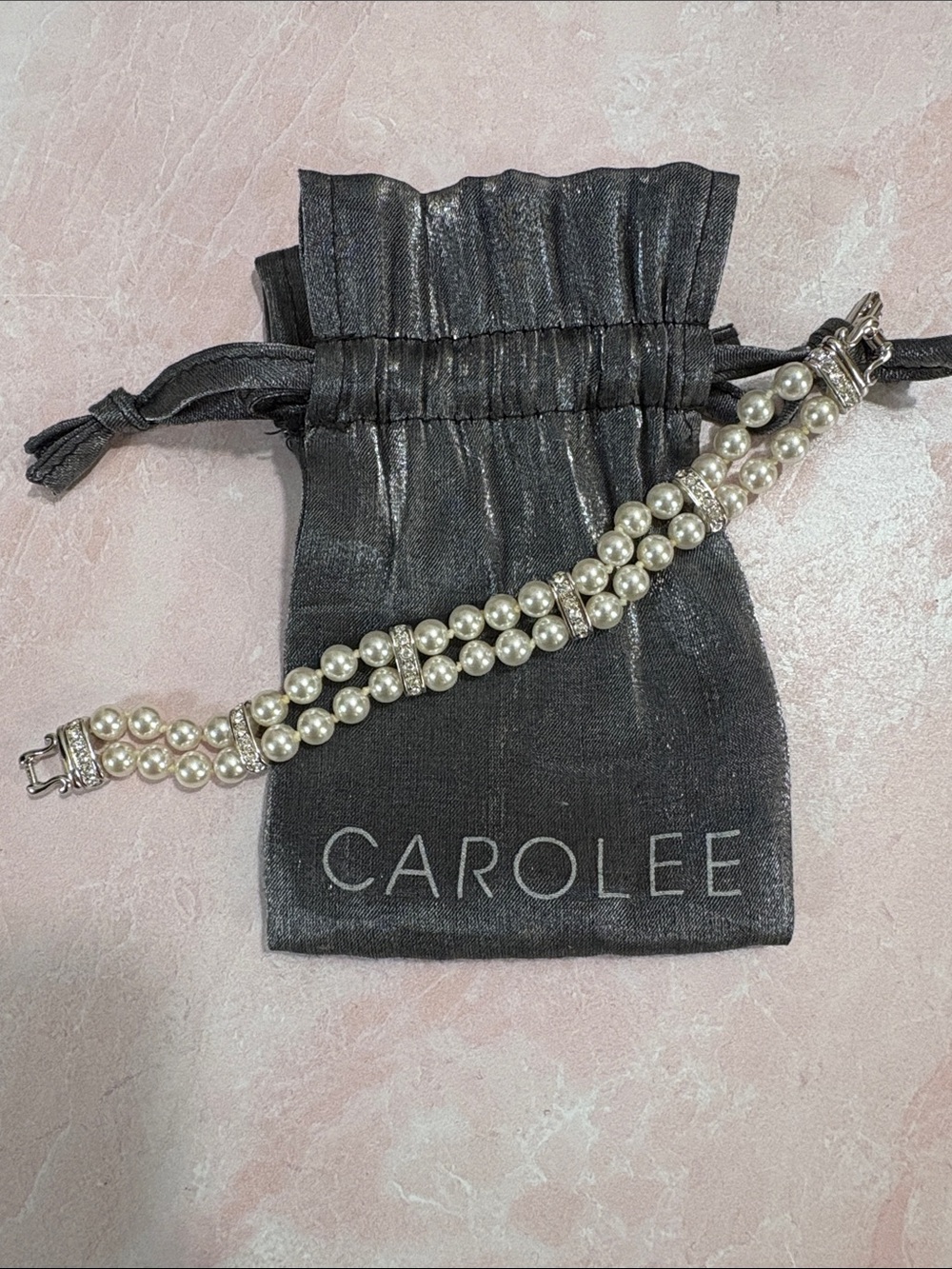 Carolee Double-Row Pearl Bracelet with Crystal Spacers - White 6.75”
